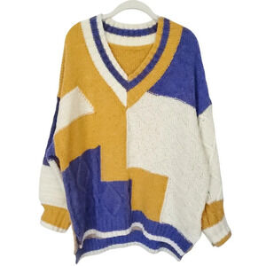 J.ING Oversized Cable Knit Sweater Women's Small Yellow Blue Long Sleeve V Neck